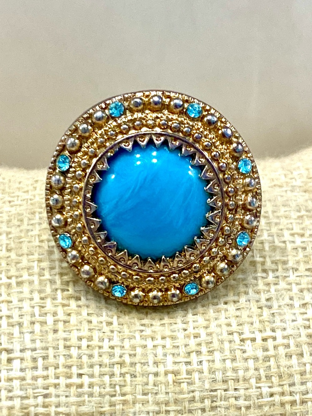 Vintage Gold-Tone Turquoise Cocktail Ring with Blue Crystal Accents